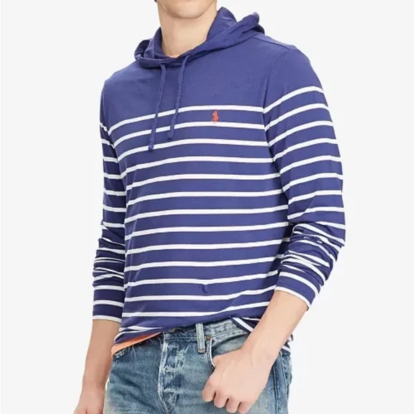 Polo Ralph Lauren Men's XXL Navy Blue & White Striped Hooded Lightweight Jersey - Picture 1 of 8